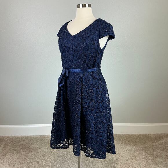 Alex Evenings Beaded Lace Belted Fit and Flare Midi Cocktail Dress Blue Size 14W - Picture 5 of 12